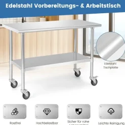 Arbejdsbord i rustfrit stål med hjul, justerbar hylde