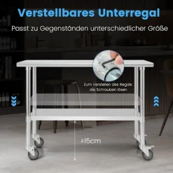 Arbejdsbord i rustfrit stål med hjul, justerbar hylde