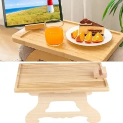 Armlænsbakke i træ med 360° roterende telefonholder, foldbar sofa, armlænsbakke, klemme, sofabord, til brede sofaer (firkant)