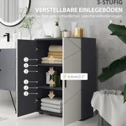 Badeværelsesskab sideskab med dobbeltdør badeværelsesskab med justerbare hylder, opbevaringsskab til stue 60 x 30 x 82 cm grå |