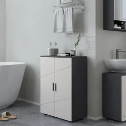 Badeværelsesskab sideskab med dobbeltdør badeværelsesskab med justerbare hylder, opbevaringsskab til stue 60 x 30 x 82 cm grå |