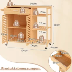 Bambus køkkenvogn med skuffe og hjul, 104x40x89 cm