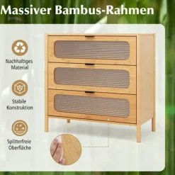 Bambus skænk med 3 skuffer, fronter af hærdet glas