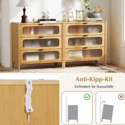 Bambus skænk med 3 skuffer, fronter af hærdet glas