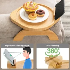 Bambus Sofa Arm Tray Bord med Roterende Mobilholder, Stabil Sofa Armlæn, Klips-På Sofa Tray Bord til Brede Sofaer