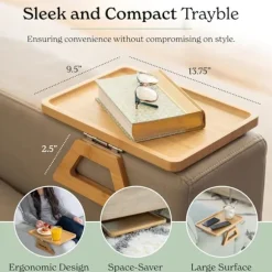 Bambus Sofa Armbakke Bord - Sofa Clip-On Caddy til Fjernbetjening, Drikkevarer & Snacks, Pladsbesparende 13.75x9.5 Tommer (Beige)