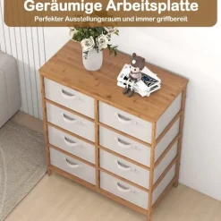Bambuskommode med 8 skuffer og aftagelige stofhylder