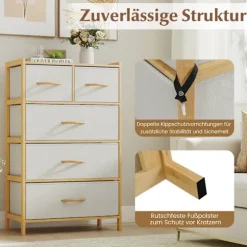 Bambuskommode med opbevaring, 5 stofskuffer og hylde