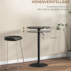 Barbord, barbord, rundt spisebord til 2 personer, køkkenbord med marmorlook til stue, spisestue, små værelser, sort, Ø60 x 68-93,5cm