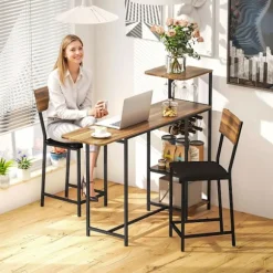 Barbord med barstolssæt, 3 stk. Barbordsæt med klapkøkkenbord, vinglasholder, vinreol, 2 barstole, stålstel, i moderne, spisegruppe til spisestue, køk | Fyndiq