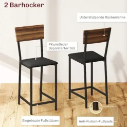 Barbord med barstolssæt, 3 stk. Barbordsæt med klapkøkkenbord, vinglasholder, vinreol, 2 barstole, stålstel, i moderne, spisegruppe til spisestue, køk | Fyndiq