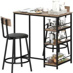 Barbord med barstolssæt, 3 stk. Barbordsæt med køkkenbord 3 hylder 2 barstole Moderne stil Spisestue Køkken Stål Eg Aosom