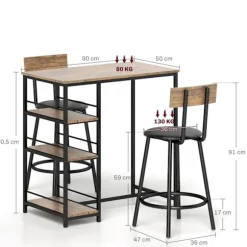 Barbord med barstolssæt, 3 stk. Barbordsæt med køkkenbord 3 hylder 2 barstole Moderne stil Spisestue Køkken Stål Eg Aosom