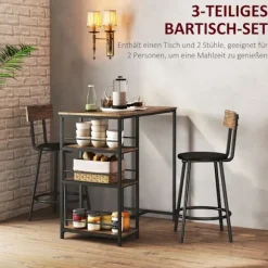 Barbord med barstolssæt, 3 stk. Barbordsæt med køkkenbord 3 hylder 2 barstole Moderne stil Spisestue Køkken Stål Eg Aosom
