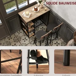 Barbord med barstolssæt, 3 stk. Barbordsæt med køkkenbord 3 hylder 2 barstole Moderne stil Spisestue Køkken Stål Eg Aosom