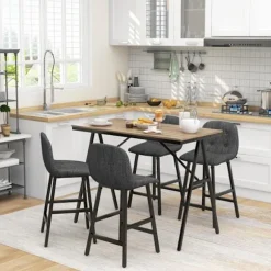 Barbord med barstolssæt, 5-delt spisegruppe, køkkenbord, bistrobord med 4 stole, barbordssæt til køkken, stue, stål, mørkegrå, 120 x 60 x 91 cm