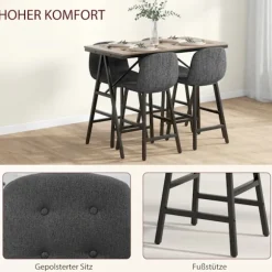 Barbord med barstolssæt, 5-delt spisegruppe, køkkenbord, bistrobord med 4 stole, barbordssæt til køkken, stue, stål, mørkegrå, 120 x 60 x 91 cm
