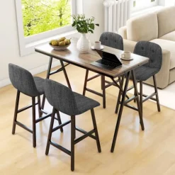 Barbord med barstolssæt, 5-delt spisegruppe, køkkenbord, bistrobord med 4 stole, barbordssæt til køkken, stue, stål, mørkegrå, 120 x 60 x 91 cm