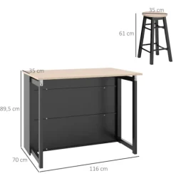 Barbord med barstolssæt, 3-delt barbordssæt, spisebord med klapbordplade, køkkenbord med skab, spisegruppe til spisestue, stue, sort Aosom