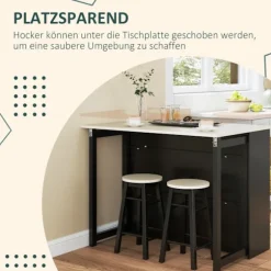 Barbord med barstolssæt, 3-delt barbordssæt, spisebord med klapbordplade, køkkenbord med skab, spisegruppe til spisestue, stue, sort Aosom