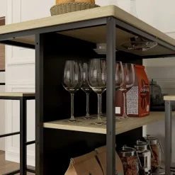 Barbordssæt 3 Stk. Køkkenbord 2 Barstole 2 Hylder Spisestue Sæt Moderne Stål Eg