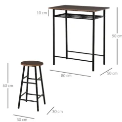 Barbordssæt 3-delt spisebord med 2 barstole spisegruppe køkkenbord og stole barbord og barstol med opbevaringshylde metal 80 x 50 x 90 cm sort