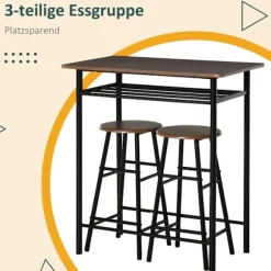 Barbordssæt 3-delt spisebord med 2 barstole spisegruppe køkkenbord og stole barbord og barstol med opbevaringshylde metal 80 x 50 x 90 cm sort