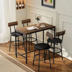 Barbordsæt, 5 dele, træ og stål, industrielt design