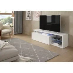 BLUE-TECH vendbar tv-enhed - Hvidlakeret melamin - 1 drop-down låge - LED - Blank hvid - L150 x D41 x H43 cm lysande vit