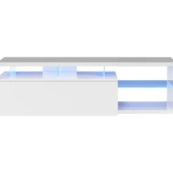 BLUE-TECH vendbar tv-enhed - Hvidlakeret melamin - 1 drop-down låge - LED - Blank hvid - L150 x D41 x H43 cm lysande vit