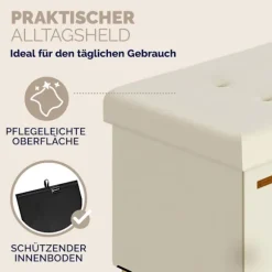 Bænk beige velour 76x38x42cm foldbar med opbevaringsplads