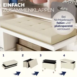 Bænk beige velour 76x38x42cm foldbar med opbevaringsplads