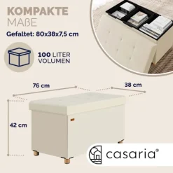 Bænk beige velour 76x38x42cm foldbar med opbevaringsplads