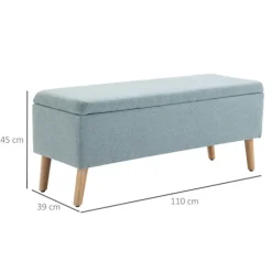 Bænk I Lysegrøn Polstret Bænk Med Opbevaringsplads, Hørlignende Polyester, Gummitræ, Skandinavisk Design, 110X39X45Cm