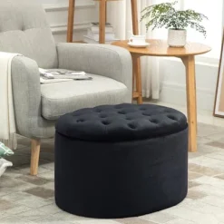 Bænk I Sort Moderne Polstret Bænk Med Opbevaringsplads, Fløjlsagtig Polyester, Gummitræ, Oval Form, 71X52X42Cm