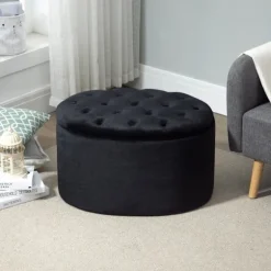 Bænk I Sort Moderne Polstret Bænk Med Opbevaringsplads, Fløjlsagtig Polyester, Gummitræ, Oval Form, 71X52X42Cm
