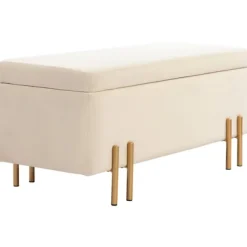 Bænk med opbevaringsplads, polstret bænk med fløjlslook, kiste med træben, kistebænk til stue, soveværelse, entre, 100 x 40 x 42 cm, beige