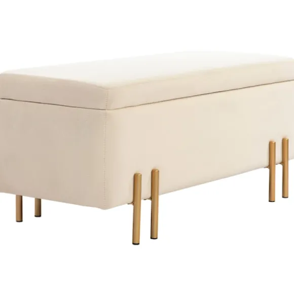 Bænk med opbevaringsplads, polstret bænk med fløjlslook, kiste med træben, kistebænk til stue, soveværelse, entre, 100 x 40 x 42 cm, beige