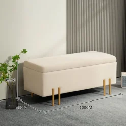 Bænk med opbevaringsplads, polstret bænk med fløjlslook, kiste med træben, kistebænk til stue, soveværelse, entre, 100 x 40 x 42 cm, beige