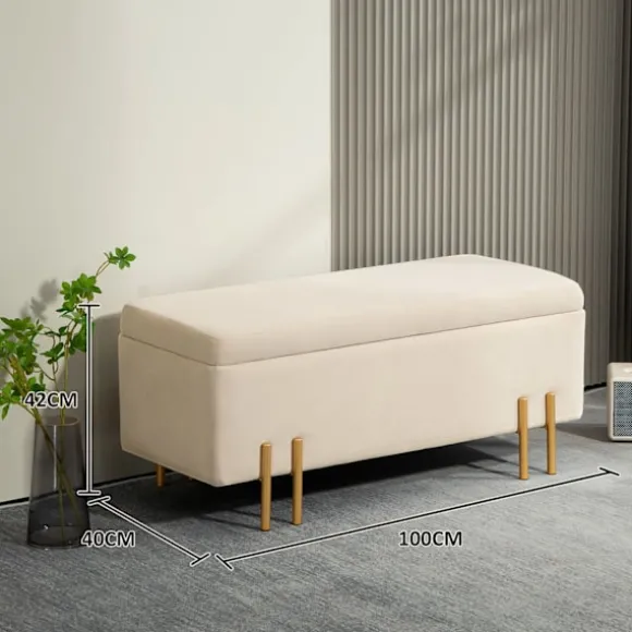 Bænk med opbevaringsplads, polstret bænk med fløjlslook, kiste med træben, kistebænk til stue, soveværelse, entre, 100 x 40 x 42 cm, beige