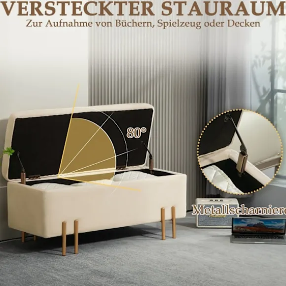Bænk med opbevaringsplads, polstret bænk med fløjlslook, kiste med træben, kistebænk til stue, soveværelse, entre, 100 x 40 x 42 cm, beige