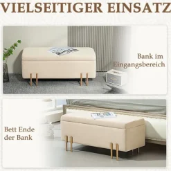 Bænk med opbevaringsplads, polstret bænk med fløjlslook, kiste med træben, kistebænk til stue, soveværelse, entre, 100 x 40 x 42 cm, beige