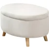 Bænk med opbevaringsplads, oval polstret bænk med låg, sengebænk med fløjlslook, til entre, soveværelse, stue, træben 71 x 51,5 x 42 cm beige