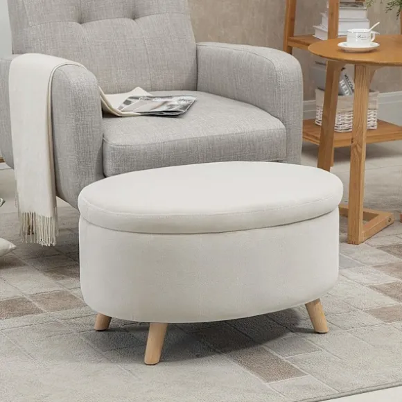 Bænk med opbevaringsplads, oval polstret bænk med låg, sengebænk med fløjlslook, til entre, soveværelse, stue, træben 71 x 51,5 x 42 cm beige