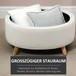 Bænk med opbevaringsplads, oval polstret bænk med låg, sengebænk med fløjlslook, til entre, soveværelse, stue, træben 71 x 51,5 x 42 cm beige