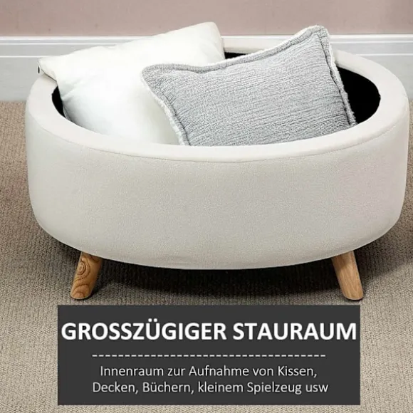 Bænk med opbevaringsplads, oval polstret bænk med låg, sengebænk med fløjlslook, til entre, soveværelse, stue, træben 71 x 51,5 x 42 cm beige