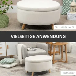 Bænk med opbevaringsplads, oval polstret bænk med låg, sengebænk med fløjlslook, til entre, soveværelse, stue, træben 71 x 51,5 x 42 cm beige