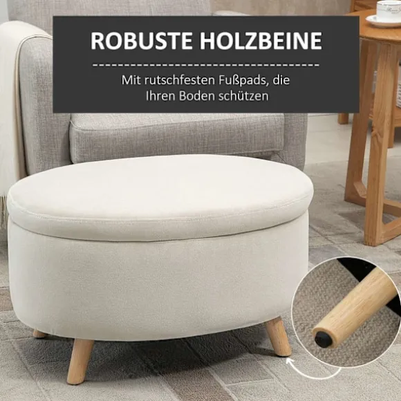 Bænk med opbevaringsplads, oval polstret bænk med låg, sengebænk med fløjlslook, til entre, soveværelse, stue, træben 71 x 51,5 x 42 cm beige