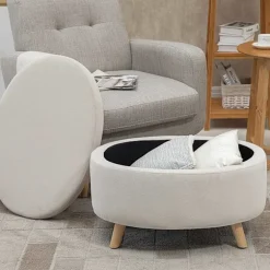 Bænk med opbevaringsplads, oval polstret bænk med låg, sengebænk med fløjlslook, til entre, soveværelse, stue, træben 71 x 51,5 x 42 cm beige