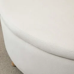 Bænk med opbevaringsplads, oval polstret bænk med låg, sengebænk med fløjlslook, til entre, soveværelse, stue, træben 71 x 51,5 x 42 cm beige